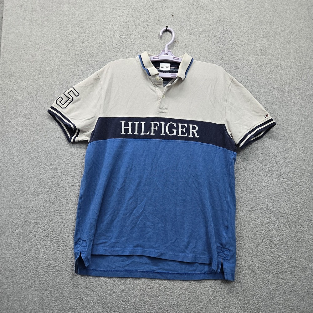 Tommy Hilfiger Men Polo XL Blue Embroidered Colorblock Hilfiger Spellout Rugby